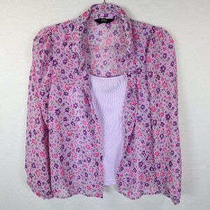 max Lilac Purple and Pink Floral Sheer Button Up with Tank Shell Size M